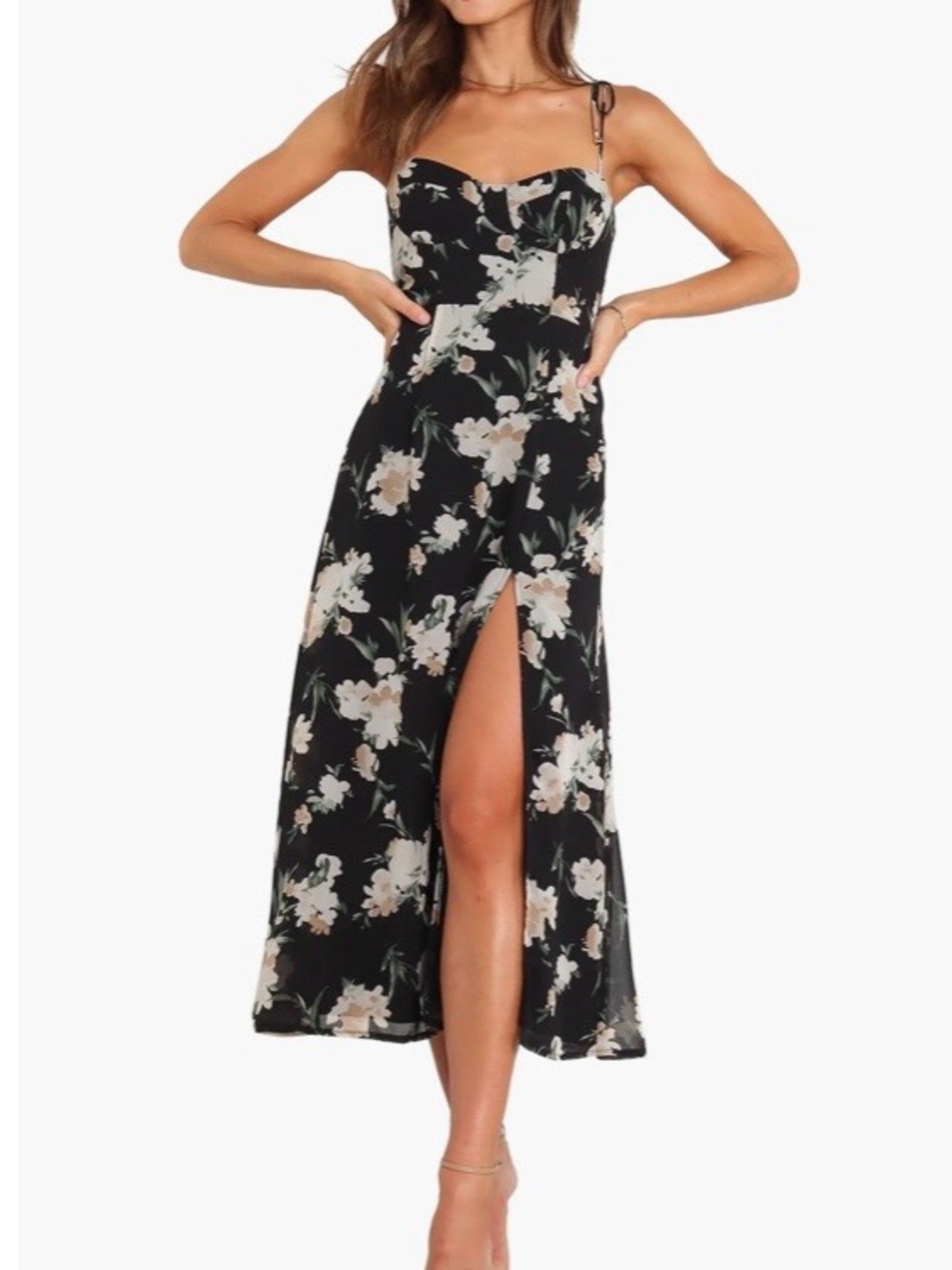 Petal & Pup Black Floral Strapless Midi Dress with Thigh Slit